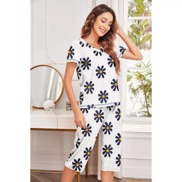 Ekouaer Womens Sleepwear Capri Pajama Sets Short Sleeve TwoPiece Pjs V Neck Tops amp Capri Pants with Pockets S3XLPat10large Navy Flower