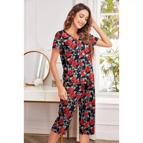 Ekouaer Womens Sleepwear Capri Pajama Sets Short Sleeve TwoPiece Pjs V Neck Tops amp Capri Pants with Pockets S3XLPat12red Rose