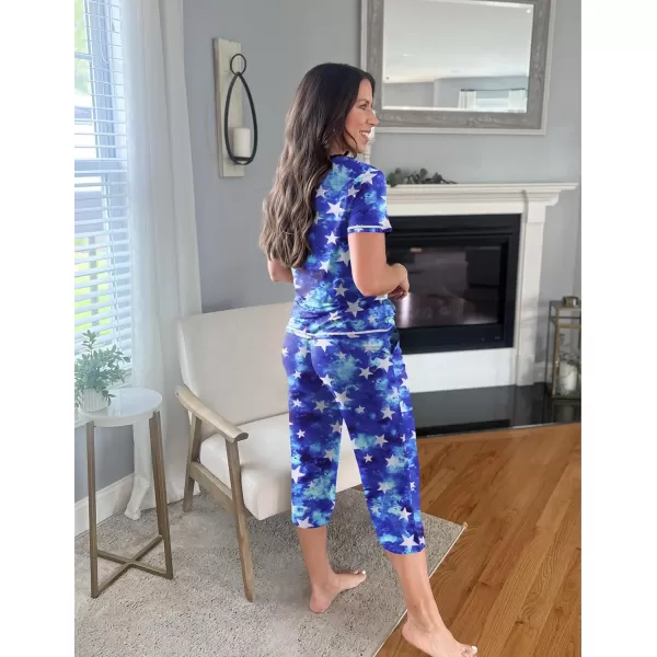 Ekouaer Womens Sleepwear Capri Pajama Sets Short Sleeve TwoPiece Pjs V Neck Tops amp Capri Pants with Pockets S3XLPat16blue Star