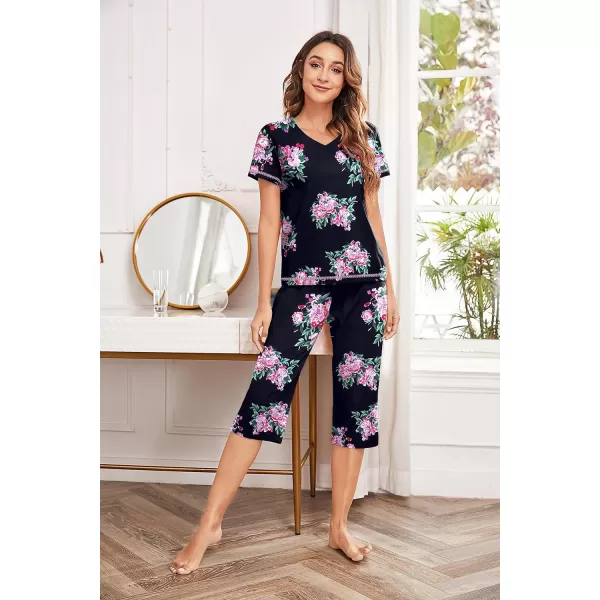 Ekouaer Womens Sleepwear Capri Pajama Sets Short Sleeve TwoPiece Pjs V Neck Tops amp Capri Pants with Pockets S3XLPat8navy Flower