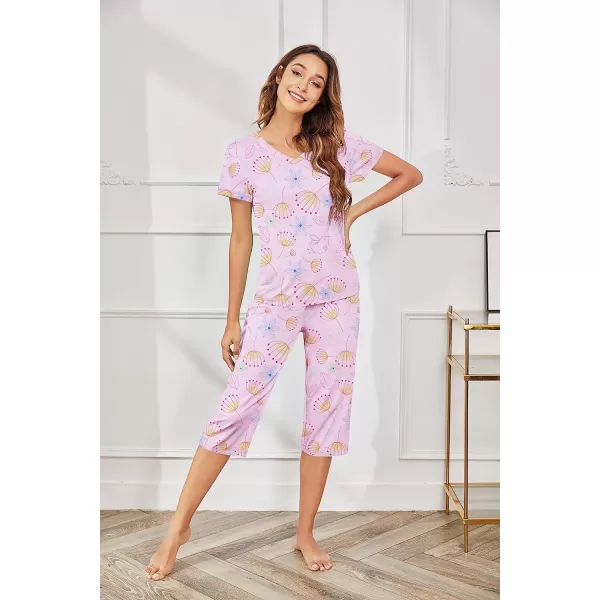 Ekouaer Womens Sleepwear Capri Pajama Sets Short Sleeve TwoPiece Pjs V Neck Tops amp Capri Pants with Pockets S3XLPat9colourful Flower