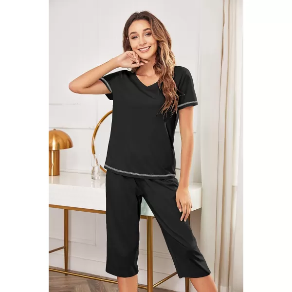 Ekouaer Womens Sleepwear Capri Pajama Sets Short Sleeve TwoPiece Pjs V Neck Tops amp Capri Pants with Pockets S3XLZblack