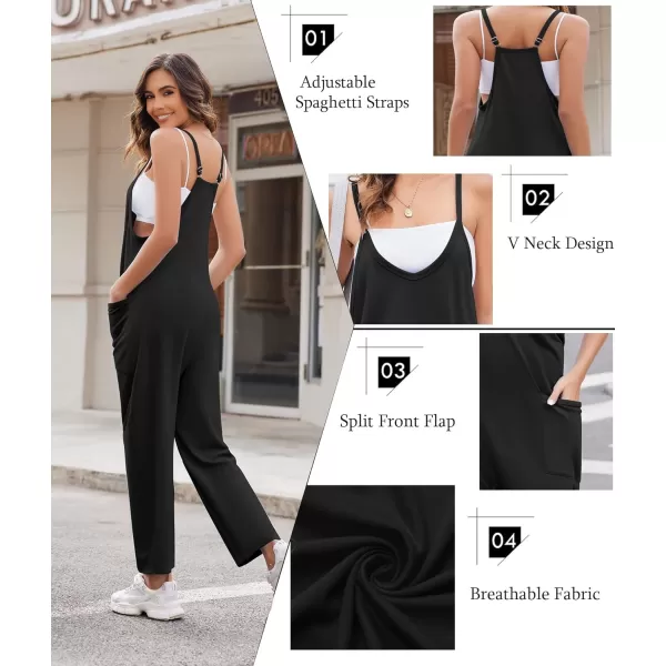 Ekouaer Womens Sleeveless Jumpsuit Loose Spaghetti Strap Baggy Overalls Jumpers Casual Long Pants Rompers with Pockets 2024Ablack