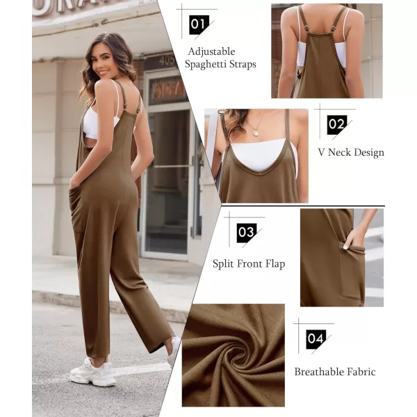 Ekouaer Womens Sleeveless Jumpsuit Loose Spaghetti Strap Baggy Overalls Jumpers Casual Long Pants Rompers with Pockets 2024Coffeebrown