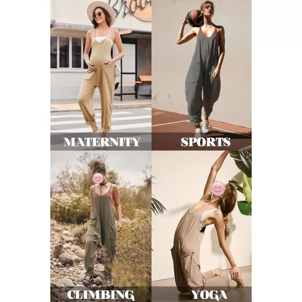 Ekouaer Womens Sleeveless Jumpsuit Loose Spaghetti Strap Baggy Overalls Jumpers Casual Long Pants Rompers with Pockets 2024Khaki