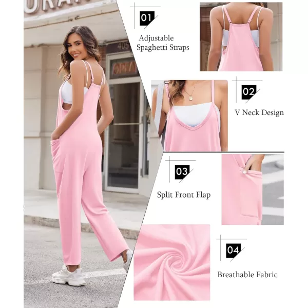 Ekouaer Womens Sleeveless Jumpsuit Loose Spaghetti Strap Baggy Overalls Jumpers Casual Long Pants Rompers with Pockets 2024Pink