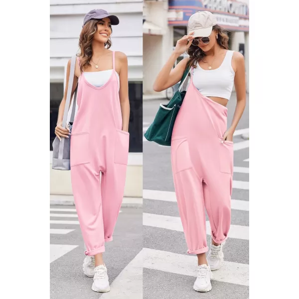 Ekouaer Womens Sleeveless Jumpsuit Loose Spaghetti Strap Baggy Overalls Jumpers Casual Long Pants Rompers with Pockets 2024Pink