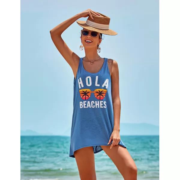 Ekouaer Womens Sleeveless Swimwear Coverups TShirt Beach Dress Tank Bikini Cover Up with PrintAsea Blue