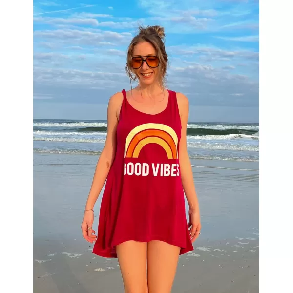 Ekouaer Womens Sleeveless Swimwear Coverups TShirt Beach Dress Tank Bikini Cover Up with PrintAwind Red