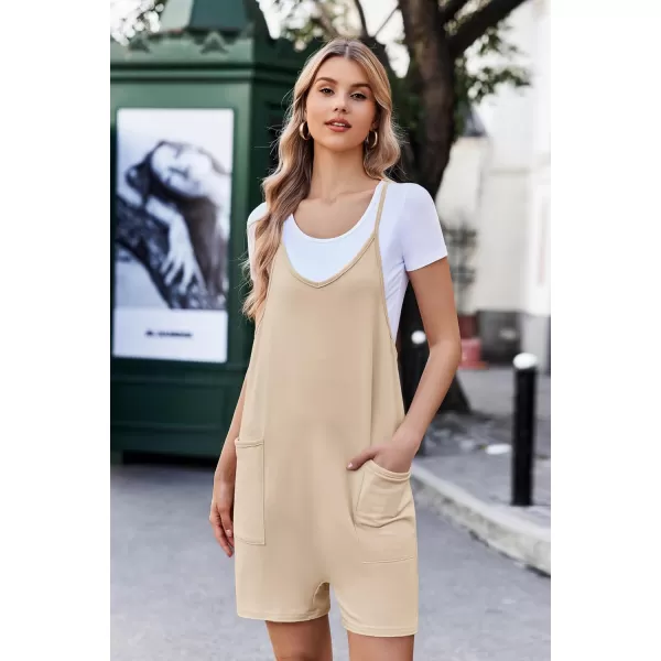 Ekouaer Womens Summer Casual Sleeveless Rompers Loose Spaghetti Strap Shorts Overalls Outfits 2024 Jumpsuits With PocketsKhaki