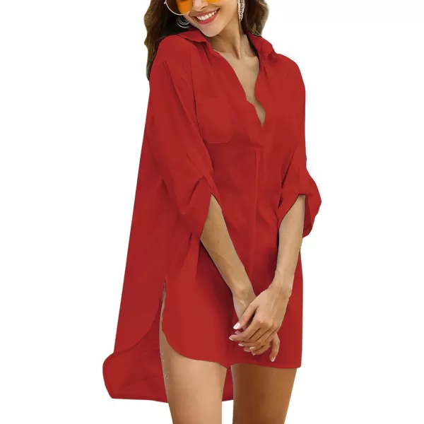 Ekouaer Womens Swimsuit Beach Cover Up Shirt Bikini Beachwear Bathing Suit Beach DressASolid Color Red