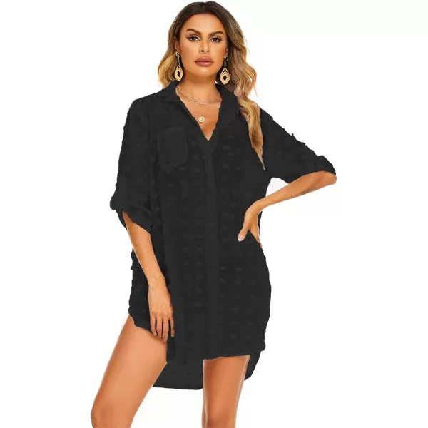 Ekouaer Womens Swimsuit Beach Cover Ups Shirt Chiffon Bikini Bathing Suit Swiss Dot Beach Shirt SXXXLBlackthick