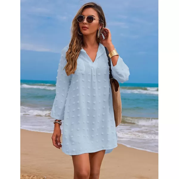 Ekouaer Womens Swimsuit Beach Cover Ups Shirt Chiffon Bikini Bathing Suit Swiss Dot Beach Shirt SXXXLClear Blue