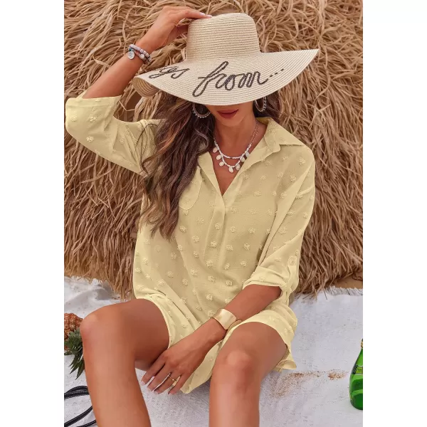 Ekouaer Womens Swimsuit Beach Cover Ups Shirt Chiffon Bikini Bathing Suit Swiss Dot Beach Shirt SXXXLClight Khakithick