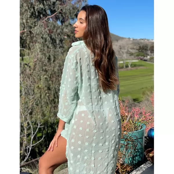 Ekouaer Womens Swimsuit Beach Cover Ups Shirt Chiffon Bikini Bathing Suit Swiss Dot Beach Shirt SXXXLMint Green