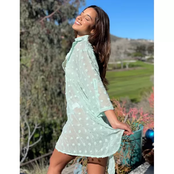 Ekouaer Womens Swimsuit Beach Cover Ups Shirt Chiffon Bikini Bathing Suit Swiss Dot Beach Shirt SXXXLMint Green