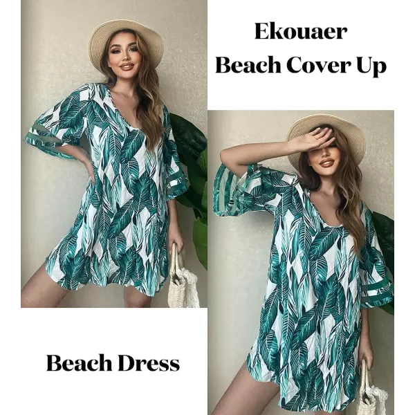 Ekouaer Womens Swimsuit Cover Up 34 Bell Sleeve Beachwear Coverups Deep VNeck Bikini Beach Dress S3XLBig Green Leaves