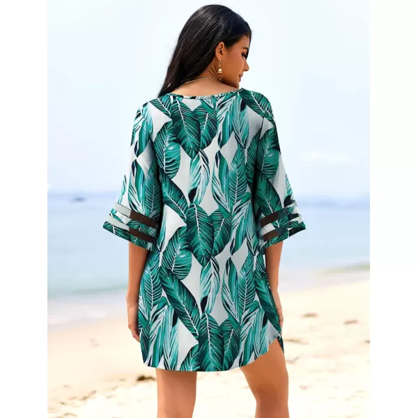 Ekouaer Womens Swimsuit Cover Up 34 Bell Sleeve Beachwear Coverups Deep VNeck Bikini Beach Dress S3XLBig Green Leaves