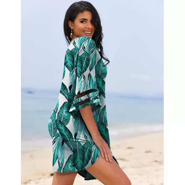 Ekouaer Womens Swimsuit Cover Up 34 Bell Sleeve Beachwear Coverups Deep VNeck Bikini Beach Dress S3XLBig Green Leaves
