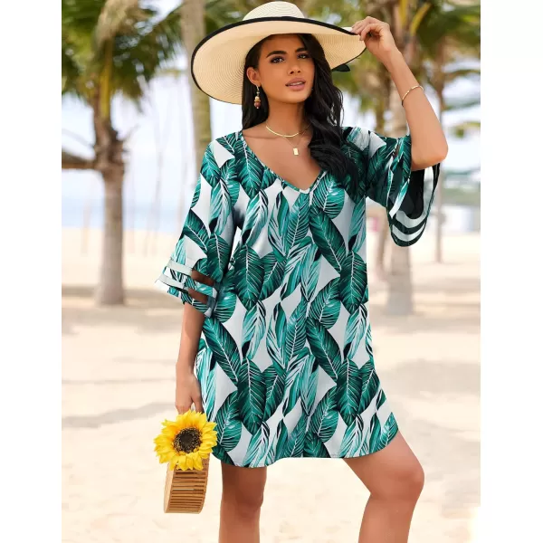 Ekouaer Womens Swimsuit Cover Up 34 Bell Sleeve Beachwear Coverups Deep VNeck Bikini Beach Dress S3XLBig Green Leaves