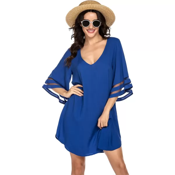 Ekouaer Womens Swimsuit Cover Up 34 Bell Sleeve Beachwear Coverups Deep VNeck Bikini Beach Dress S3XLBlue
