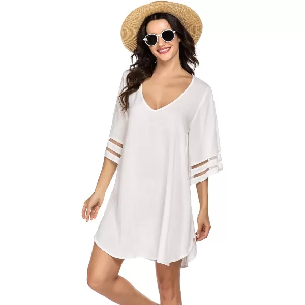 Ekouaer Womens Swimsuit Cover Up 34 Bell Sleeve Beachwear Coverups Deep VNeck Bikini Beach Dress S3XLBwhite