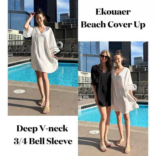 Ekouaer Womens Swimsuit Cover Up 34 Bell Sleeve Beachwear Coverups Deep VNeck Bikini Beach Dress S3XLBwhite