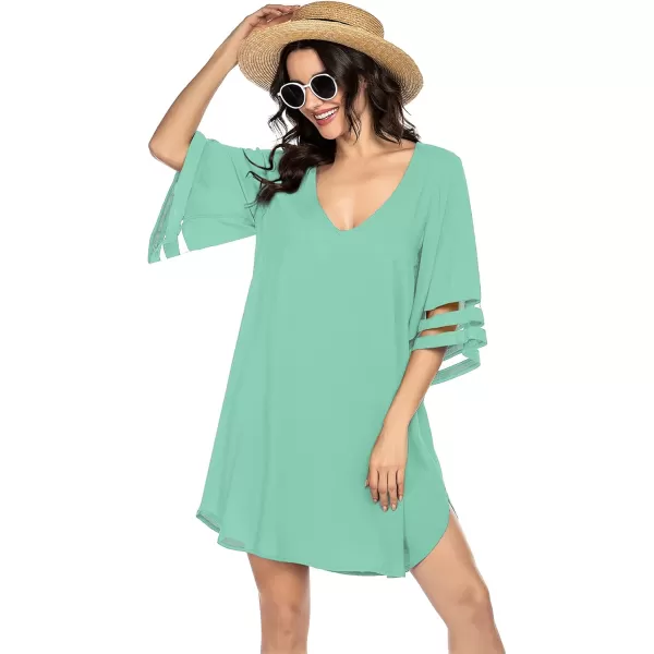 Ekouaer Womens Swimsuit Cover Up 34 Bell Sleeve Beachwear Coverups Deep VNeck Bikini Beach Dress S3XLCg