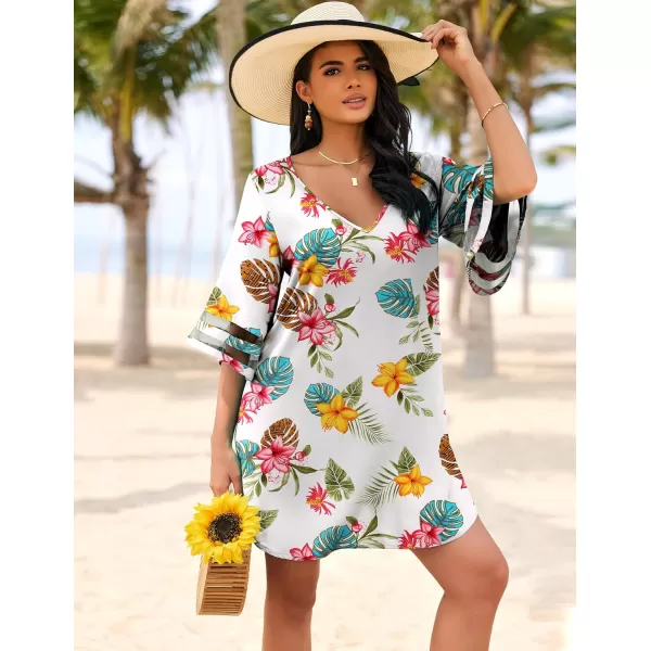 Ekouaer Womens Swimsuit Cover Up 34 Bell Sleeve Beachwear Coverups Deep VNeck Bikini Beach Dress S3XLColorful Flower
