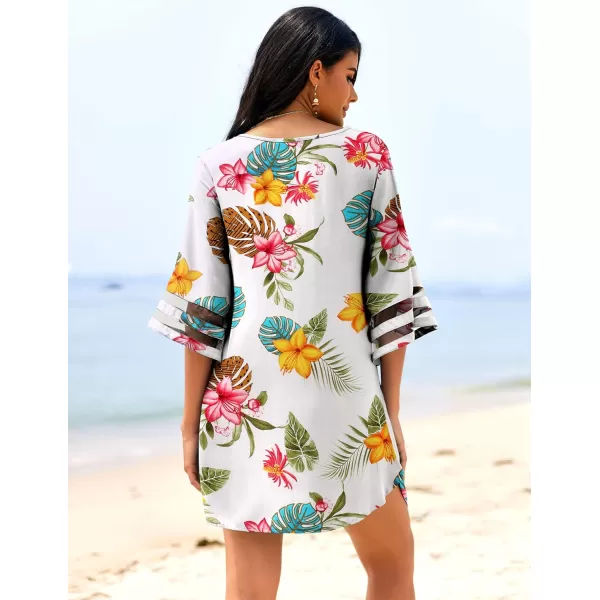 Ekouaer Womens Swimsuit Cover Up 34 Bell Sleeve Beachwear Coverups Deep VNeck Bikini Beach Dress S3XLColorful Flower