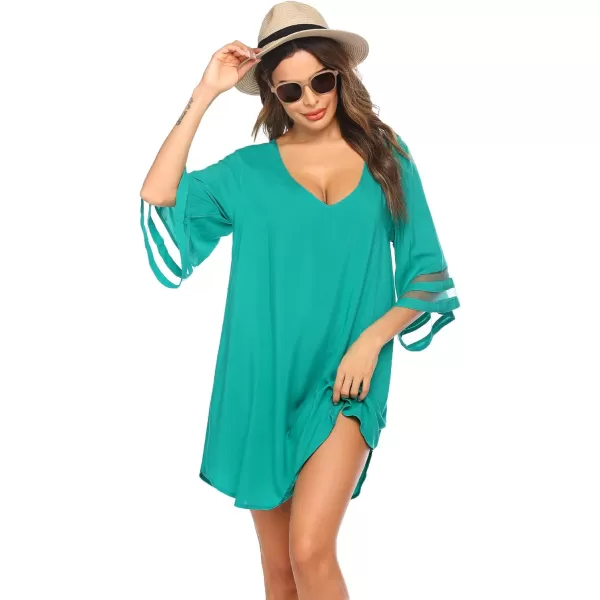 Ekouaer Womens Swimsuit Cover Up 34 Bell Sleeve Beachwear Coverups Deep VNeck Bikini Beach Dress S3XLGreen