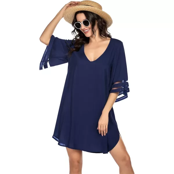 Ekouaer Womens Swimsuit Cover Up 34 Bell Sleeve Beachwear Coverups Deep VNeck Bikini Beach Dress S3XLNavy Blue