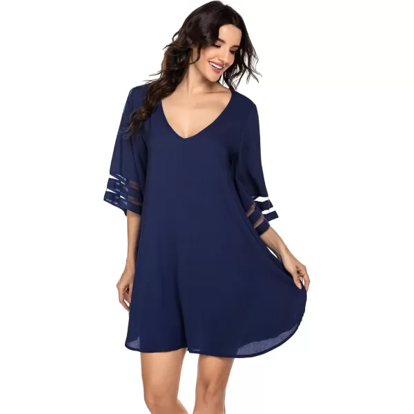 Ekouaer Womens Swimsuit Cover Up 34 Bell Sleeve Beachwear Coverups Deep VNeck Bikini Beach Dress S3XLNavy Blue