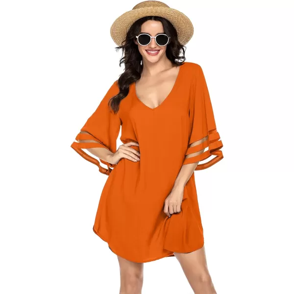 Ekouaer Womens Swimsuit Cover Up 34 Bell Sleeve Beachwear Coverups Deep VNeck Bikini Beach Dress S3XLOrange