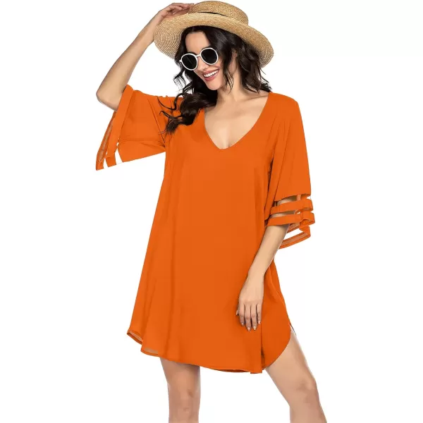 Ekouaer Womens Swimsuit Cover Up 34 Bell Sleeve Beachwear Coverups Deep VNeck Bikini Beach Dress S3XLOrange