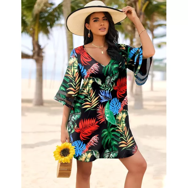 Ekouaer Womens Swimsuit Cover Up 34 Bell Sleeve Beachwear Coverups Deep VNeck Bikini Beach Dress S3XLPat3