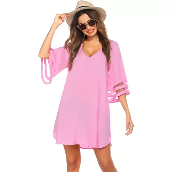Ekouaer Womens Swimsuit Cover Up 34 Bell Sleeve Beachwear Coverups Deep VNeck Bikini Beach Dress S3XLPink