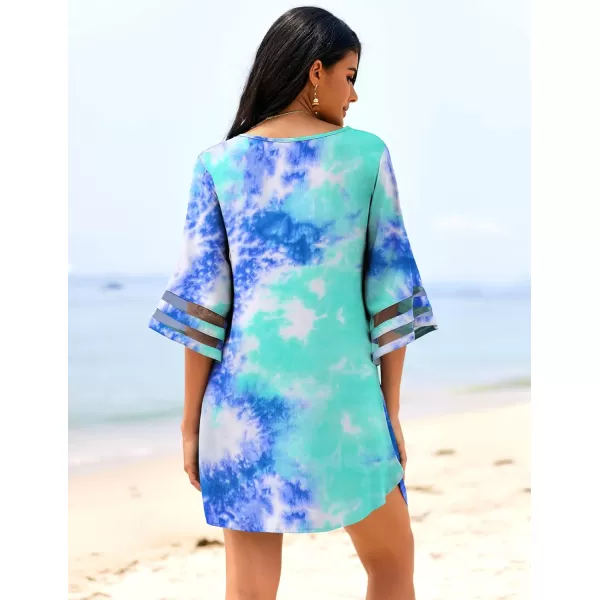 Ekouaer Womens Swimsuit Cover Up 34 Bell Sleeve Beachwear Coverups Deep VNeck Bikini Beach Dress S3XLPrt1 Tie Dye