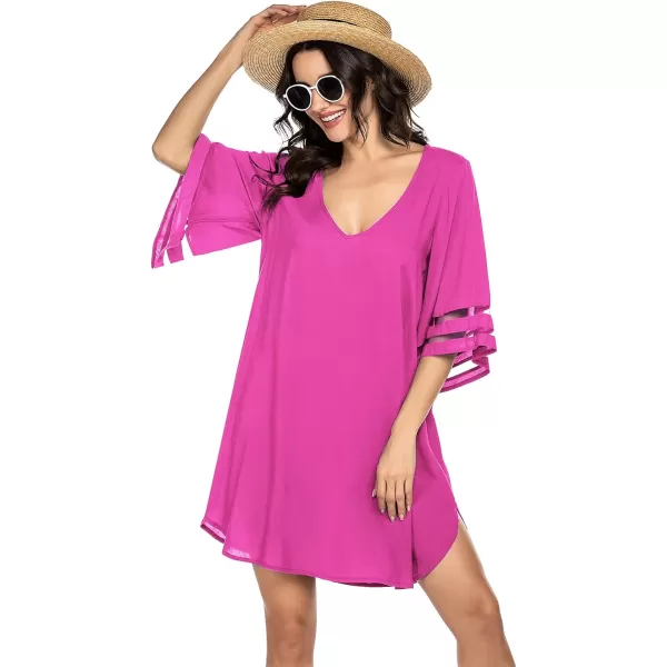 Ekouaer Womens Swimsuit Cover Up 34 Bell Sleeve Beachwear Coverups Deep VNeck Bikini Beach Dress S3XLRr