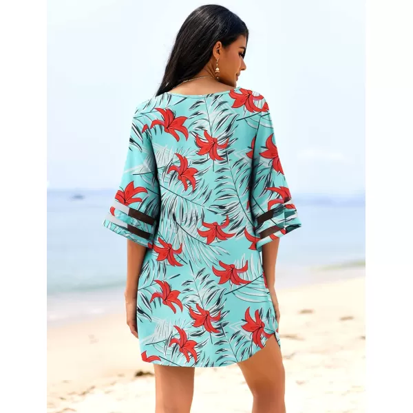 Ekouaer Womens Swimsuit Cover Up 34 Bell Sleeve Beachwear Coverups Deep VNeck Bikini Beach Dress S3XLTropical Red Flower
