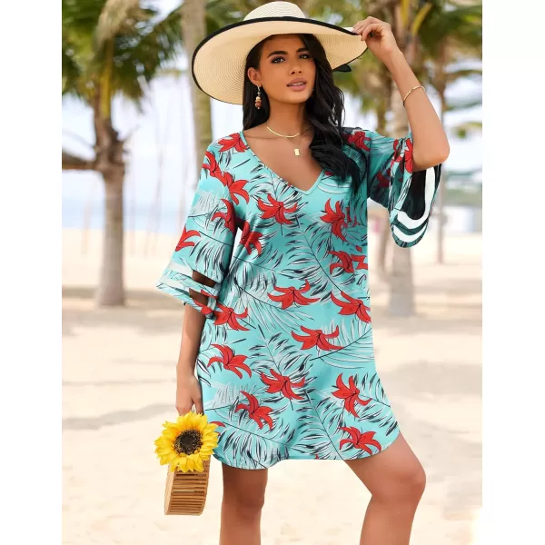 Ekouaer Womens Swimsuit Cover Up 34 Bell Sleeve Beachwear Coverups Deep VNeck Bikini Beach Dress S3XLTropical Red Flower