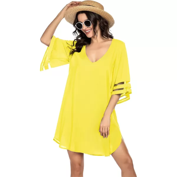 Ekouaer Womens Swimsuit Cover Up 34 Bell Sleeve Beachwear Coverups Deep VNeck Bikini Beach Dress S3XLY