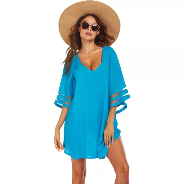 Ekouaer Womens Swimsuit Cover Up 34 Bell Sleeve Beachwear Coverups Deep VNeck Bikini Beach Dress S3XLZblue