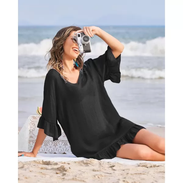 Ekouaer Womens Swimsuit Cover Ups Ruffle Coverups Tie Back Bathing Suit Covers Loose Swimwear XS3XL01 Black