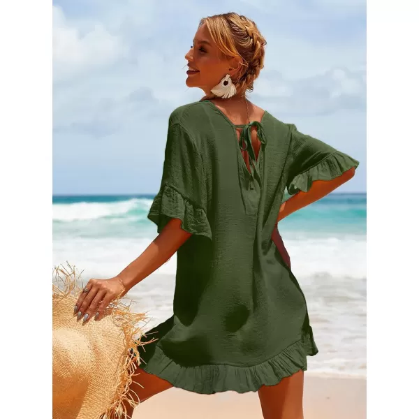 Ekouaer Womens Swimsuit Cover Ups Ruffle Coverups Tie Back Bathing Suit Covers Loose Swimwear XS3XLBarmy Green