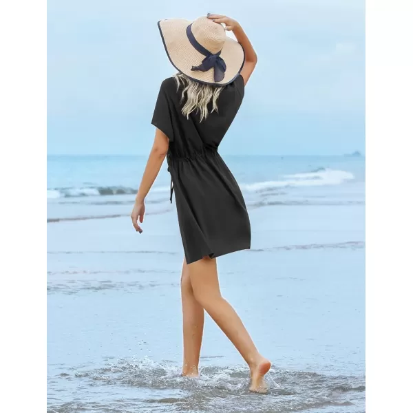 Ekouaer Womens Swimsuit Coverup Short Sleeve Beach Cover Up Dress V Neck Bikini BeachwearBlack