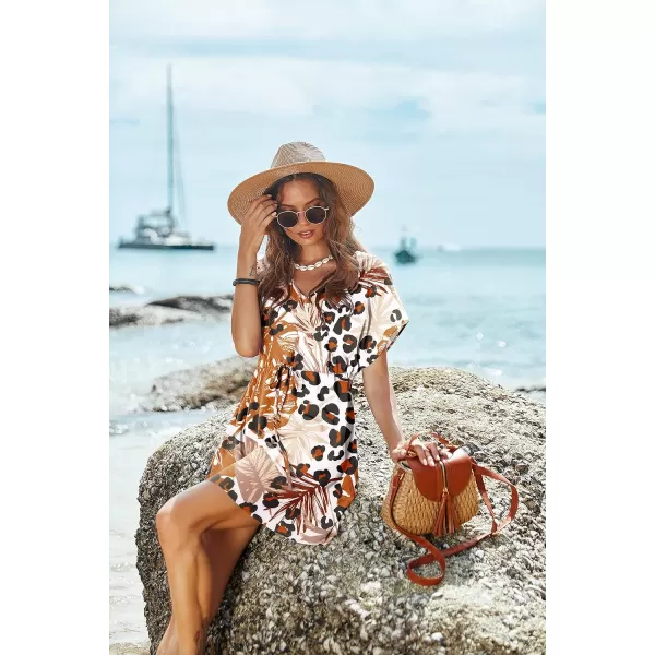 Ekouaer Womens SwimsuitnbspCoverup Short Sleeve Beach Cover Up Dress V Neck Bikini BeachwearBrown Leopard Leaf