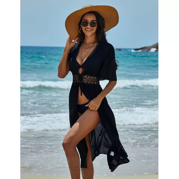 Ekouaer Womens Swimwear Cover Ups Sexy Open Front Beach Bikini Swimsuit Kimono Cardigan Cover Up Long Flowy BeachwearA Black