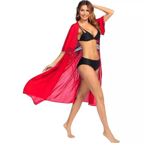 Ekouaer Womens Swimwear Cover Ups Sexy Open Front Beach Bikini Swimsuit Kimono Cardigan Cover Up Long Flowy BeachwearB Red