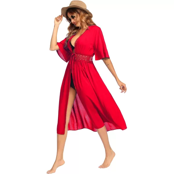 Ekouaer Womens Swimwear Cover Ups Sexy Open Front Beach Bikini Swimsuit Kimono Cardigan Cover Up Long Flowy BeachwearB Red